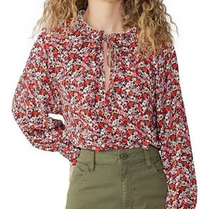 Sanctuary Red and White Floral V-Neck Long Sleeve Tie Front Blouse. NWT